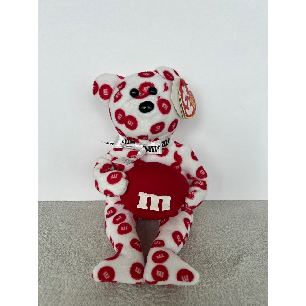 Ty Beanie Babies Red M&M Candy Bear Plush White Red Logo 2008 Collectible 8.5"